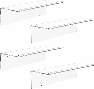 Invisible Acrylic Floating Shelves for Funko Pop Lego Sets Collectibles Bookshelf Figures Plant Picture Photo Modern Wall Ledge Floating Shelf for Bedroom Decor Living Room Wall Mounted Set of 4