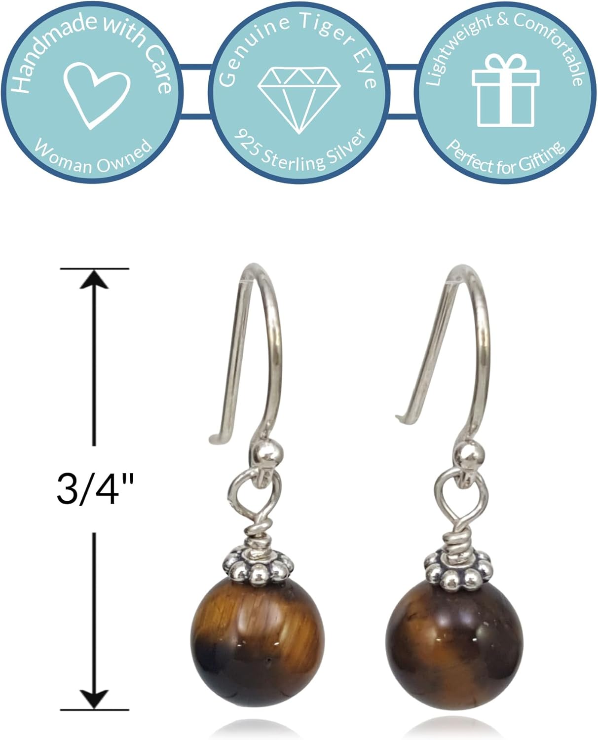 Sterling Silver Tiger Eye Beaded Drop Earrings, Handmade Gemstone Dangle Jewelry - Image 2