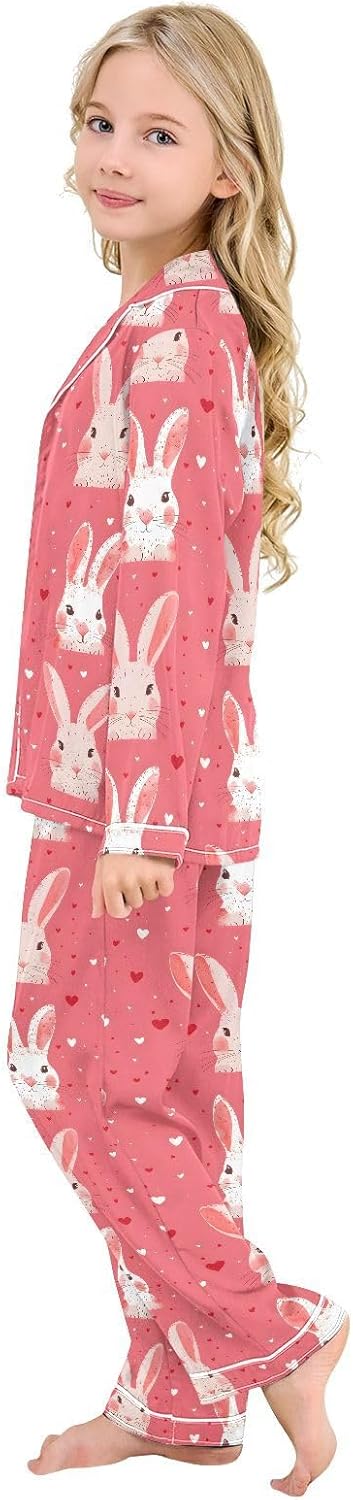senya Rabbit Star Red Heart Satin Pajama Sets Long Sleeves Nightwear Button Down Sleepwear