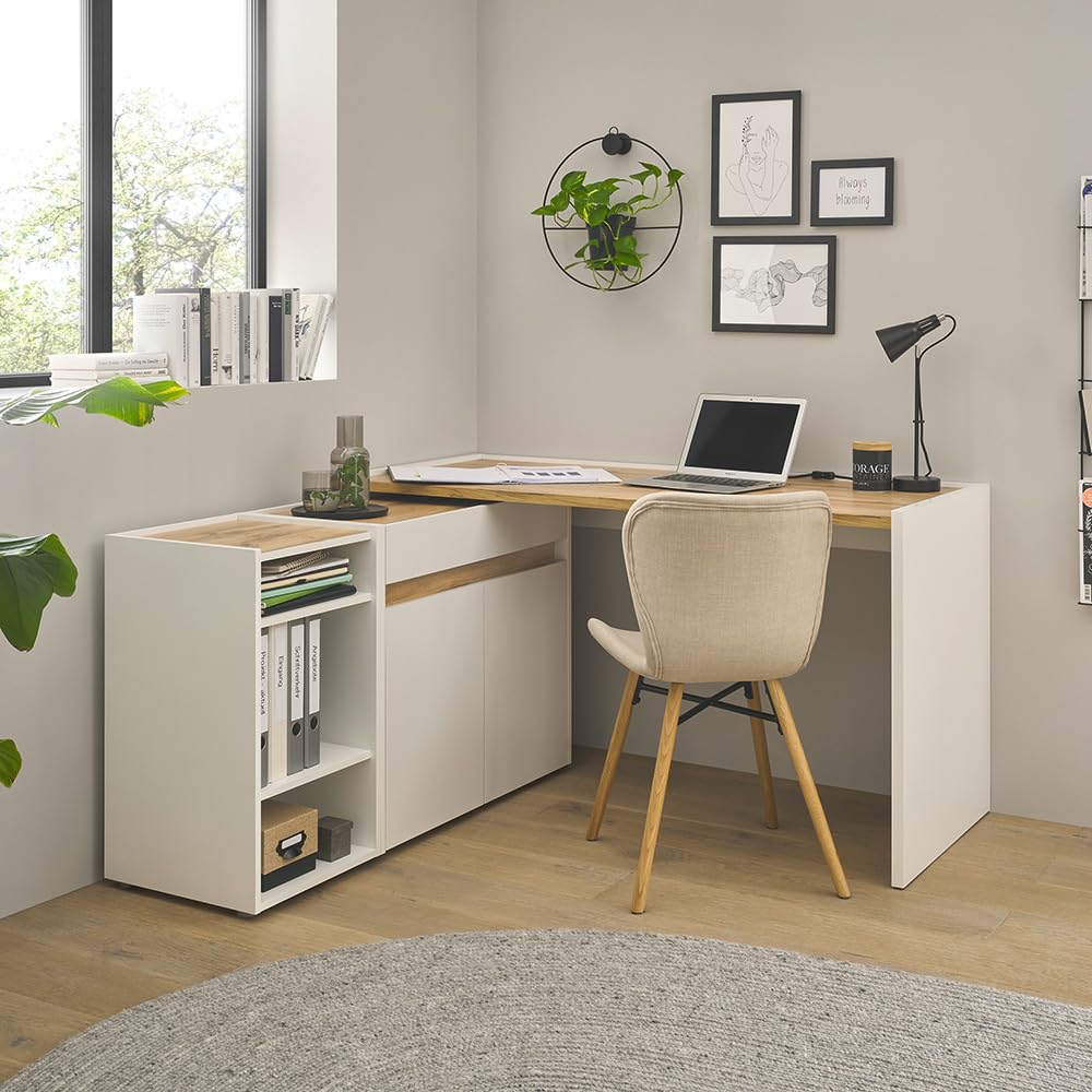 Lomadox Büromöbel Set weiß mit Eiche 3-teilig modern Schreibtisch Kommode Regal