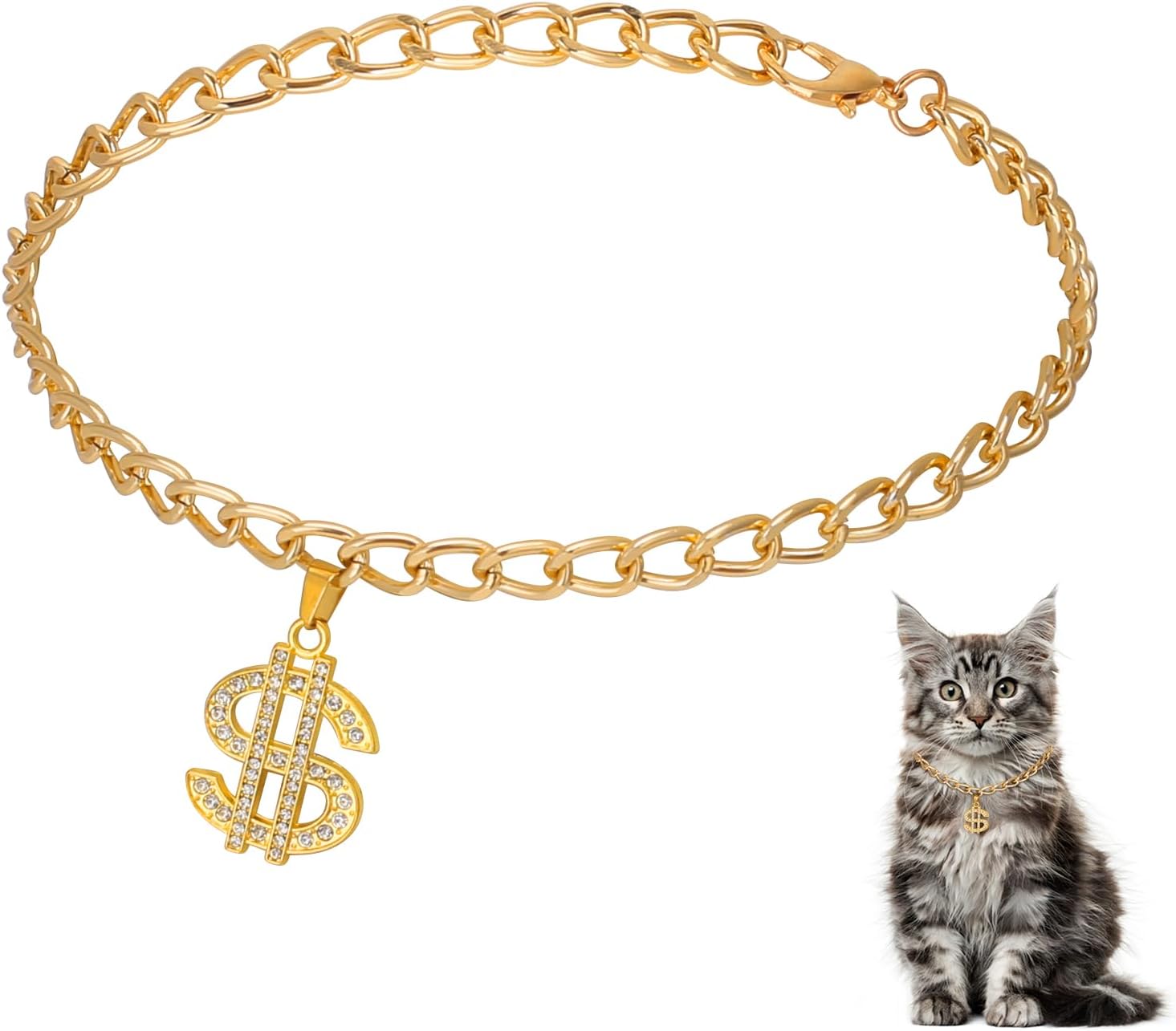 Pet Dogs and Cats Gold Chain Diamond Crystal Dollar Sign Pendant Collar Walking Metal Chain Necklace Pet Cuban Style Collar Jewelry(Bring Jewelry Box) (S)