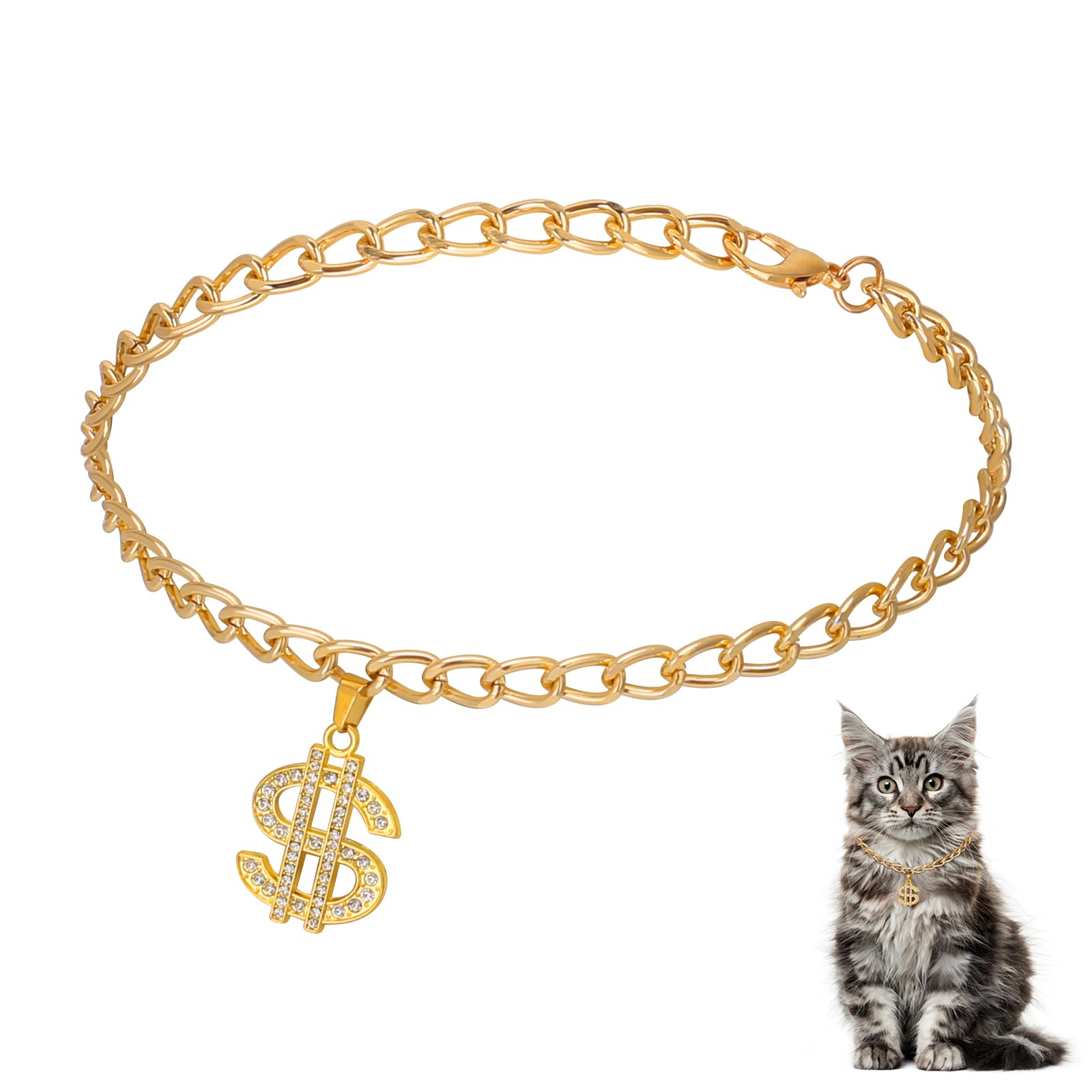 Pet dogs and cats Gold Chain Diamond Crystal Dollar Sign Pendant Collar Walking Metal Chain Necklace Pet Cuban Style Collar Jewelry(Bring Jewelry Box) Pet accessories (L)