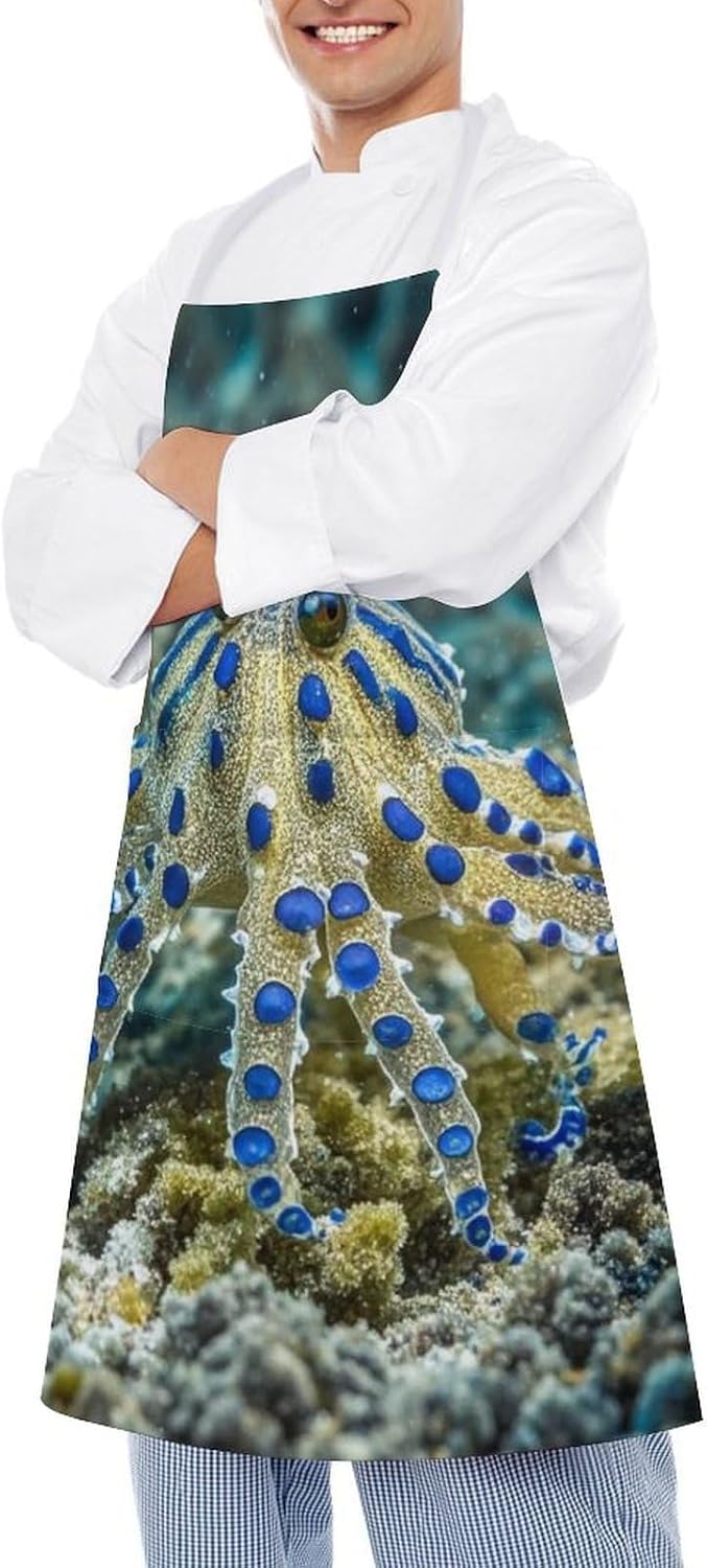 Blue Ringed Octopus Apron for Cooking Kitchen Chef Aprons with Pockets Unisex Professional Adjustable Bib Aprons Restaurant Waterdrop Resistant Apron for Men Women Waiter