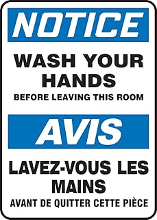 Accuform FBMRST803XV French-Bilingual Adhesive Dura-Vinyl Sign, Legend "Notice WASH Your Hands Before Leaving", 14" Length x 10" Width x 0.006" Thickness, Blue/Black on White