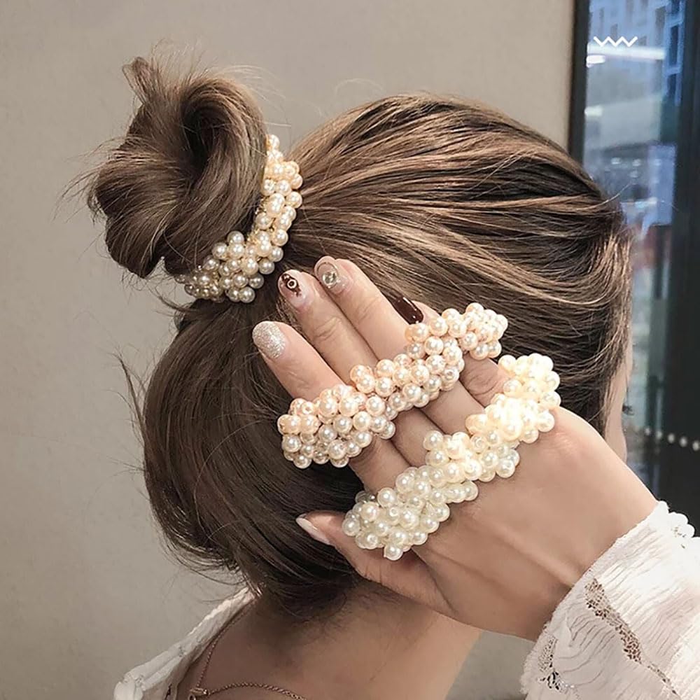 LAPOHI 6 Packs Pearl Hair Ties Elastic Scrunchies Stretchy Bands Bead Ropes Hair Accessories for Women Girls Ponytail Thick Hair, White&Gold&Pink