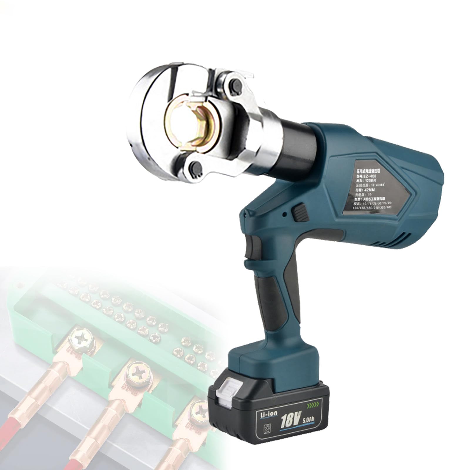 Crimpadora Hidráulica Eléctrica Recargable para Terminales de Cobre y Aluminio de 10-300/400 mm². Crimpadora de Cables Hidráulica a Batería con 13 Matrices de Crimpado EZ300