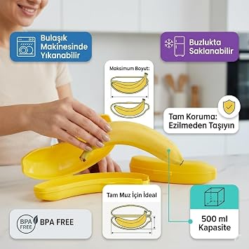 2'li Set Muz Saklama Kabı - 500ml Büyük Boy (21x6 cm) BPA Free, Buzluk ve Bulaşık Makinesi Güvenli - Muz Koruyucu Kutu, Ezilmeyi Önleyen Sarı Kap, Taşıma Çantası İçin İdeal (Sarı)