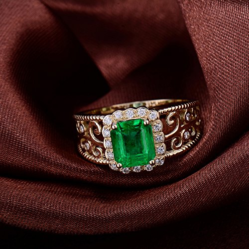 Lanmi 14K Yellow Gold Vintage Natural Green Emerald Rings Diamonds Band Engagement Wedding For Women Promotion #TOP2