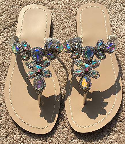 Hinyyrin Women's Summer Rhinestone Bling Wedding Sandals,Glitter Jeweled Sandals,Dressy Flat Sandals,Beach Flip-Flops, Size 6 Silver #TOP3