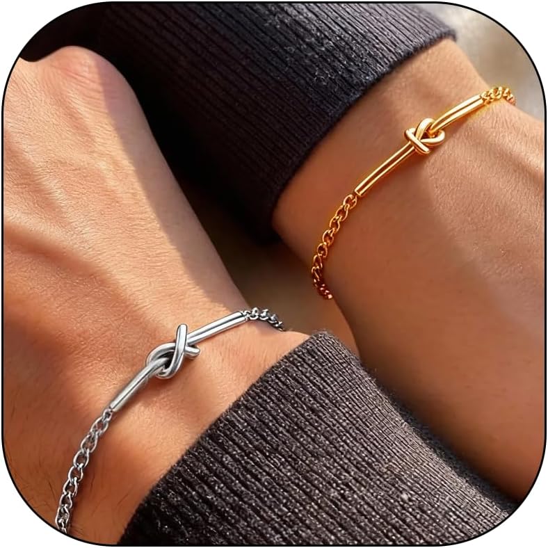 Matching Bracelets for Couples Valentines bracelets Knot Love Gold Silver Plated Non Tanish Snake Chain Knot Adjustable Permanent Forever Dainty to My Love Jewelry Valentine's Day Birthday Gifts