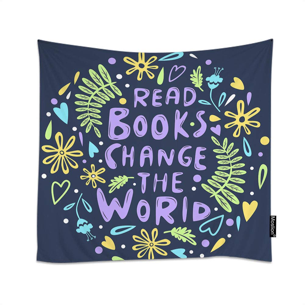 Moslion Motivational Quote Tapestries Word Read Books Change the World Flower Leaf Heart Tapestry Home Decor Polyester Fabric Tapestries Wall Art Hanging 60x40 Inch