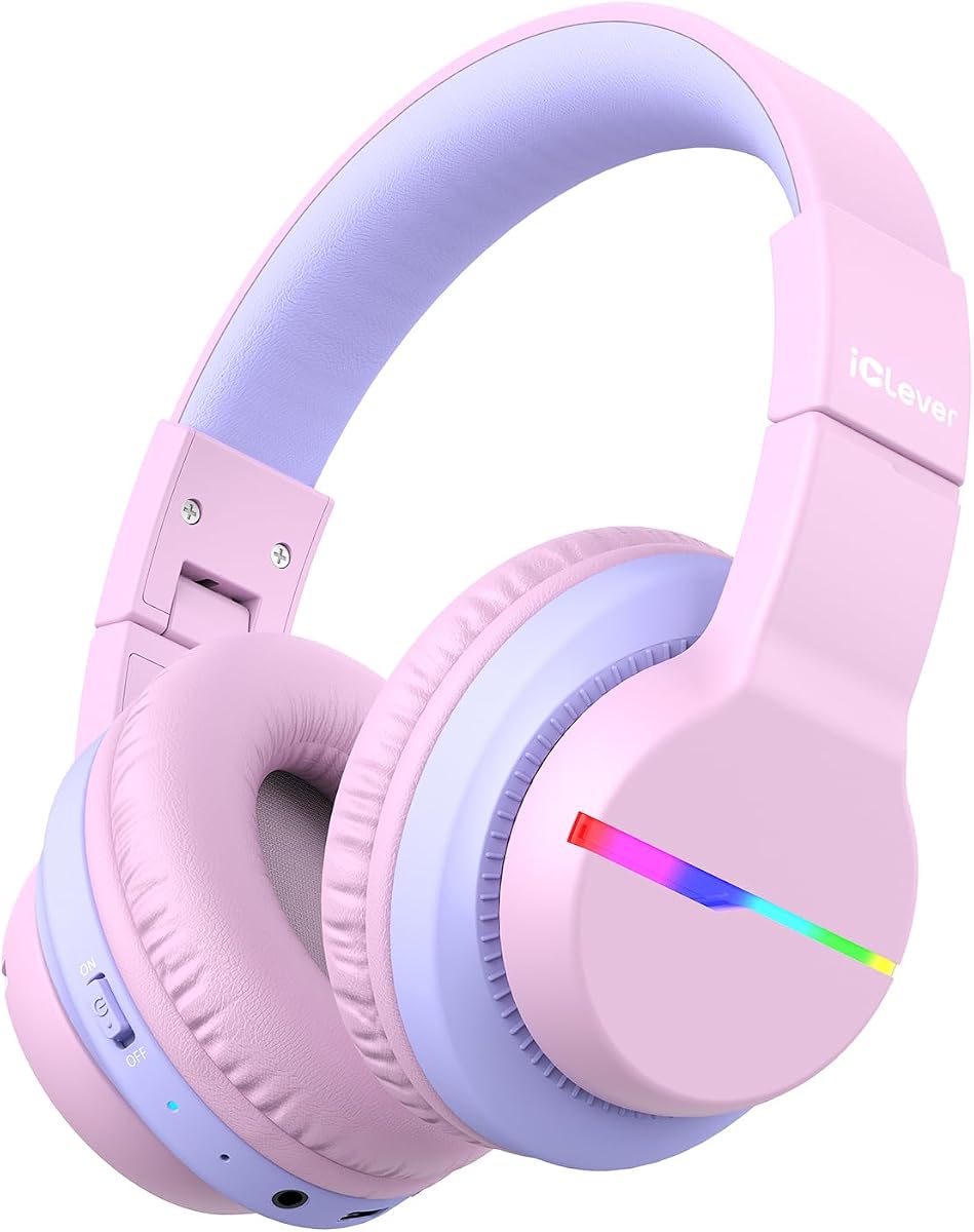iClever BTH12 Kids Bluetooth Headphones 85H Playtime with LED Lights Travel | SafeSound Tech, Stereo Sound, USB C Charging AUX Cable Over Ear Built-in Mic, Kids Wireless Headphones for Toddler Boys Girls