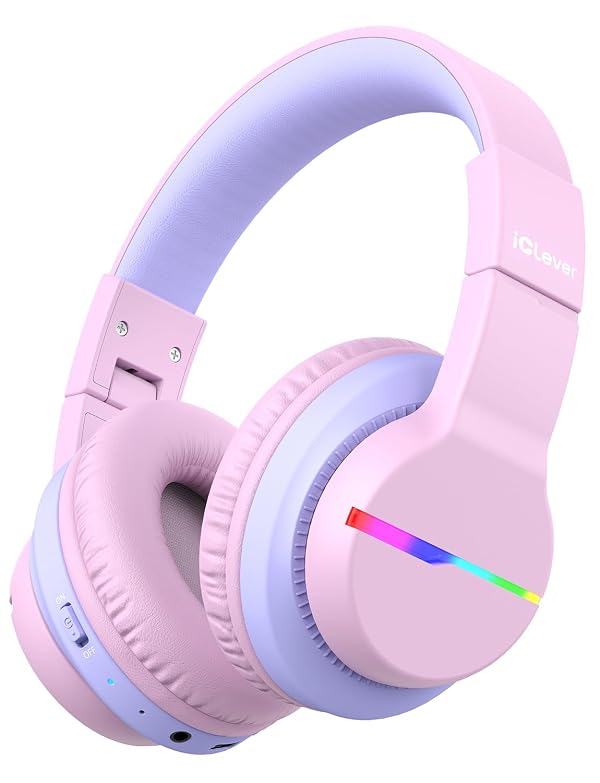 iClever BTH12 Kids Bluetooth Headphones,Colorful LED Lights,74/85dBA Safe Volume,85H Playtime,Bluetooth 5.2,Over Ear Headphones Built-in Mic for iPad/Tablet/Airplane,Blossom Pink by iClever - Used condition - US$17.99