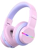 iClever BTH12 Kids Bluetooth Headphones,Colorful LED Lights,74/85dBA Safe Volume,85H Playtime,Bluetooth 5.2,Over Ear Headphones Built-in Mic for iPad/Tablet/Airplane,Blossom Pink