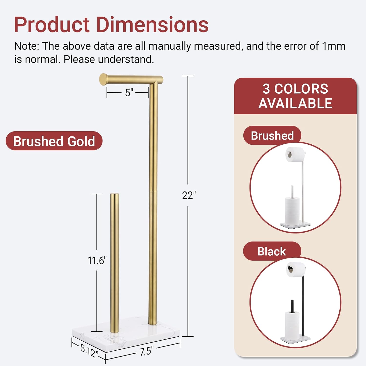 Hoooh Free Standing Toilet Paper Holder Stand with Reserve - Heavyweight Marble Base & Brushed Gold Stainless Steel, Bathroom Tissue Roll Organizer