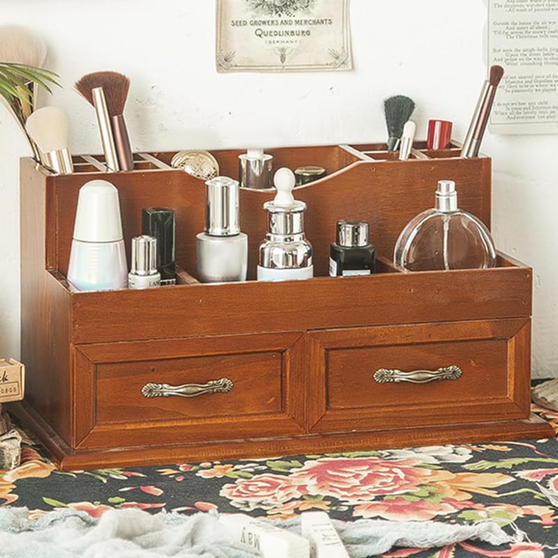 Healvian Organizer vintage per gioielli con ripiano multifunzionale per cosmetici, da scrivania, per camera da letto e scrivania, massiccio