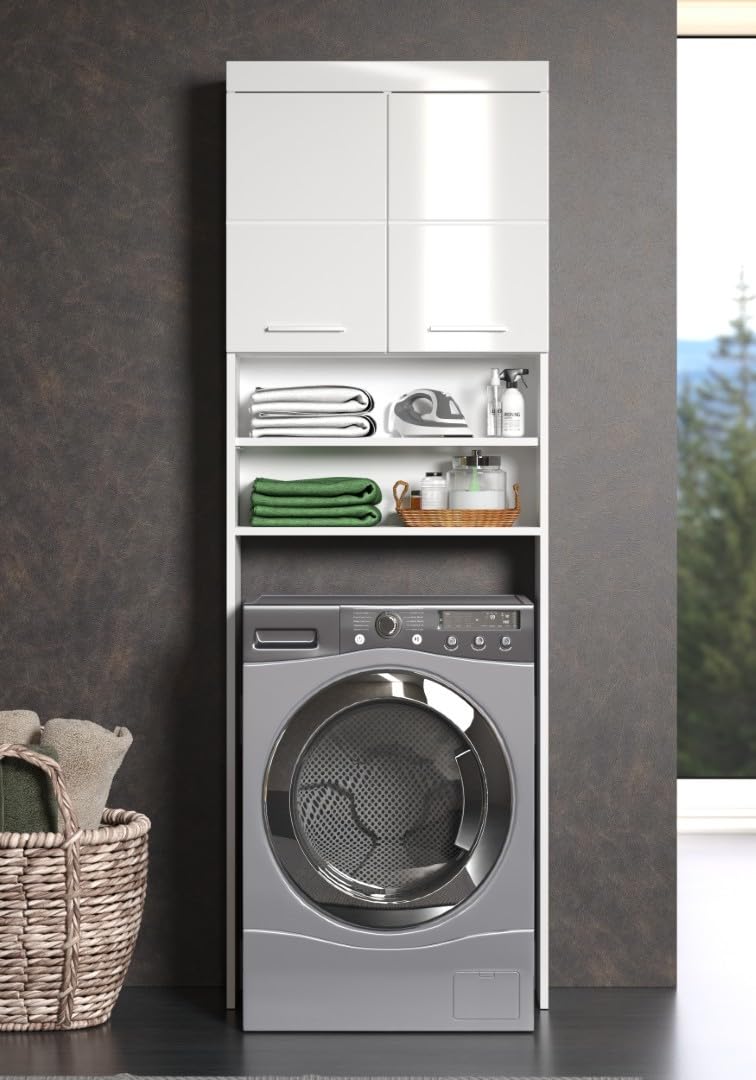 trendteam smart living - Amanda - Waschmaschinenüberbau - Weiß/Weiß Hochglanz - 2 offene Fächer + 3 Einlegeböden - (BxHxT) 63 x 187 x 24 cm - kratzfest