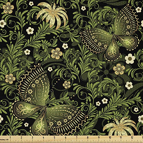 Ambesonne Sage Fabric by The Yard, Spring Inspired Ornaments Butterflies