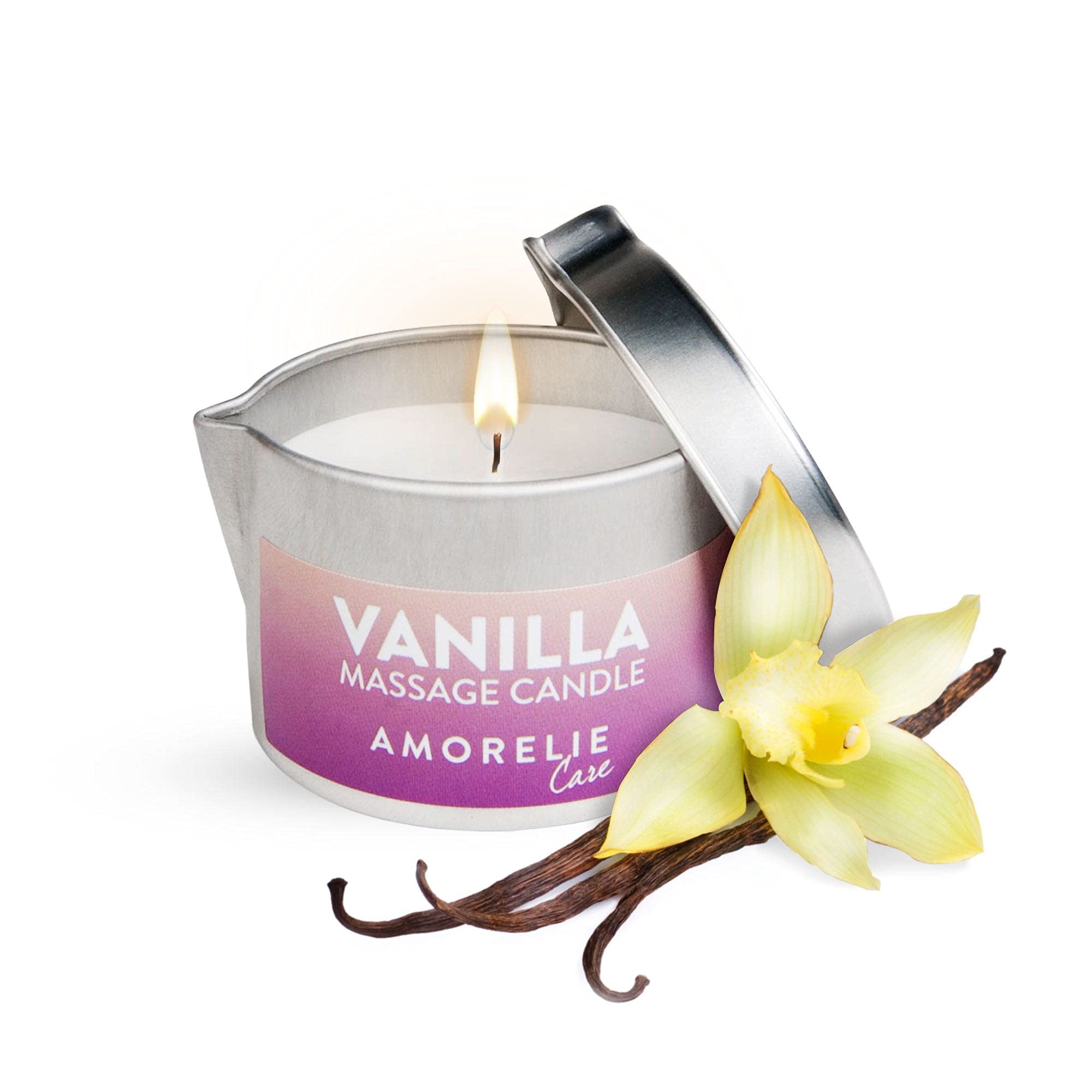 Amorelie Care - Bougie de massage parfum vanille (50 ml) - Cire se transforme en huile pour massages en couple