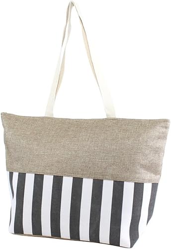 Large Zipper Top Stripe Print Canvas Beach Bag Tote - 22 inches by 14 inches by 7 inches (GRAY)