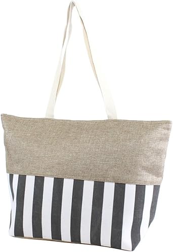 Large Zipper Top Stripe Print Canvas Beach Bag Tote - 22 inches by 14 inches by 7 inches