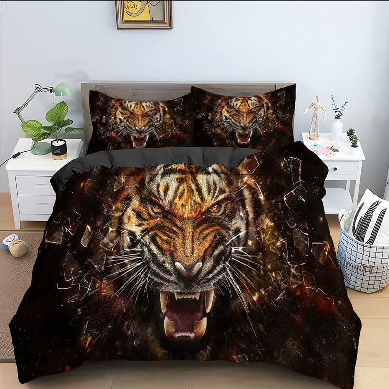 Housse couette 160x200 tigre noir microfibre 110g/㎡ zippée facile