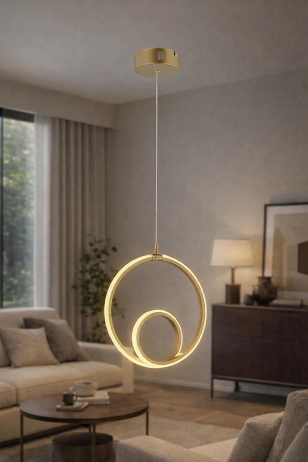 kinis Designer Gold Finish Dual Circle LED Hanging Light for Living Room, Dining Room & Home Office Decor | Elegant Pendant Light for Bedroom, Hallway & Modern Interiors-image-22