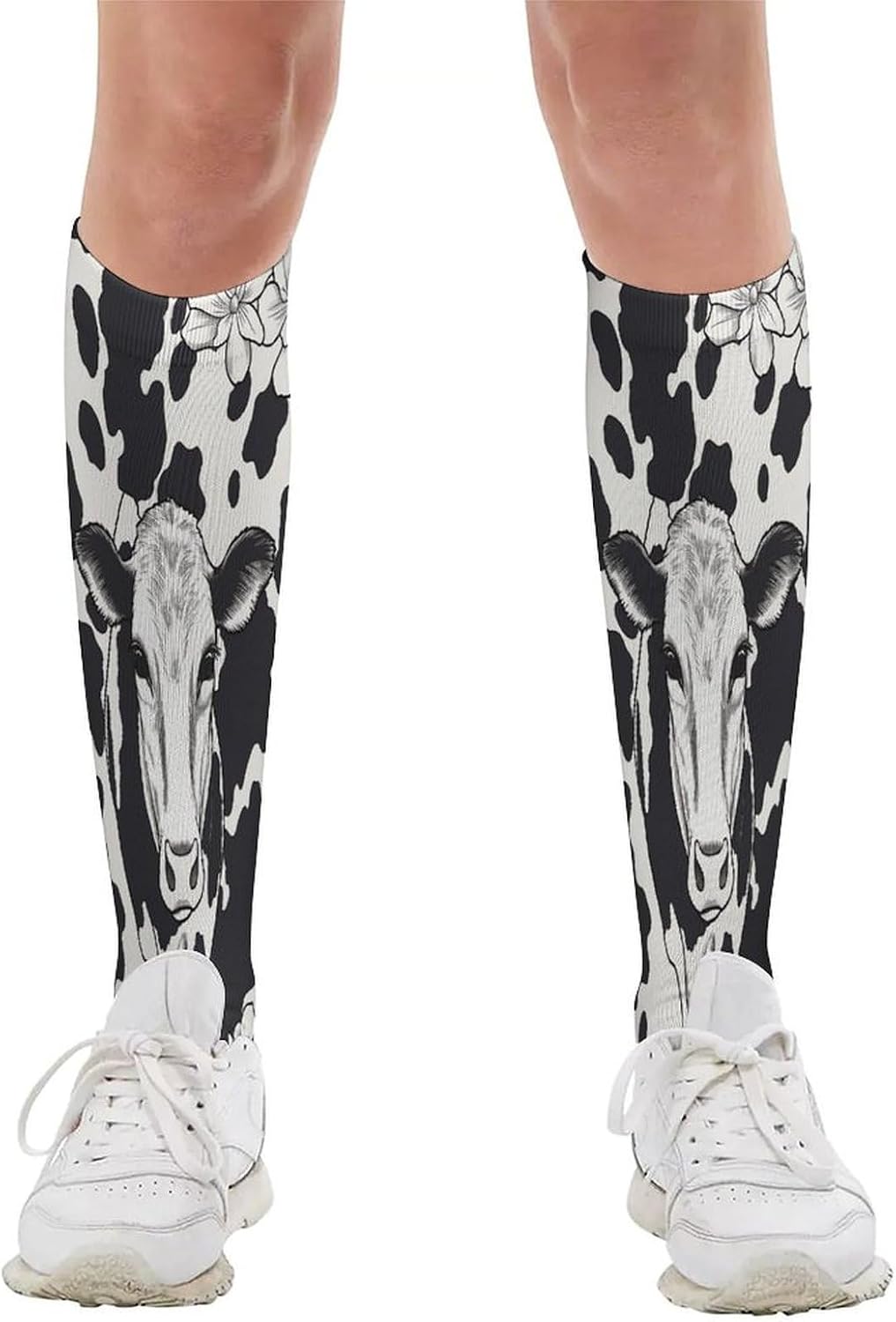 Black And White Cowm Compression Sock Circulation Support Socks Lightweight Knee High Tube Sock Over-The-Calf Sock for Adult