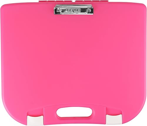 DEXAS Escritorio portátil con almacenamiento, mango integrado, clip de alambre exterior, 18 x 15.25 x 1.38 pulgadas, rosa con pestillo blanco