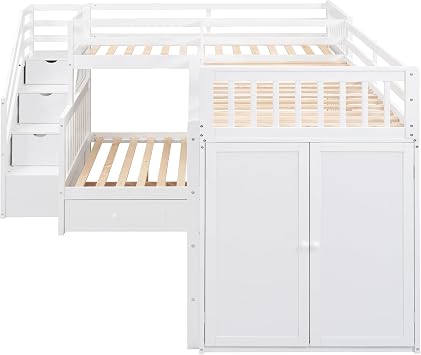 L Shaped Bunk Bed, Bunk Bed with Desk, White Wood Twin Twin Over Full Bed Frame, 3 Drawers, Wardrobe, Staircase Shelves, Guardrail, 14 Slats, No Box Spring Needed