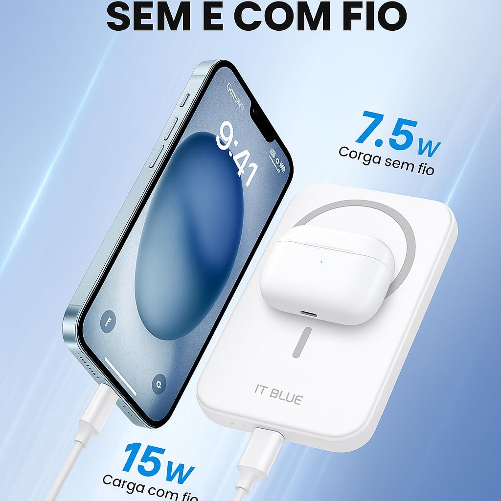 Power Bank Indução 5.000mAh Turbo, Carregador Portátil Magnético, Carregamento Ultra Rápido, Leve e Compacto, Compatível Com Todo Celular Com Carregamento Mag - Linha Premium - Branco