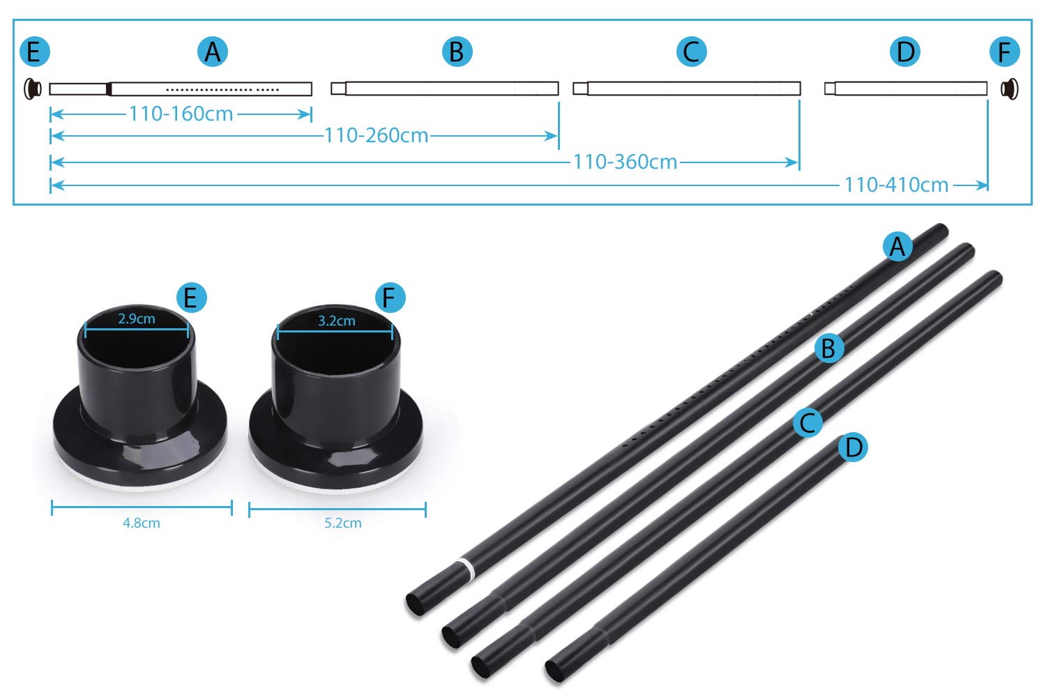 KINLO Teleskopstange Duschvorhangstange 360-410cm aus Edelstahl Kleiderstange Gardinenstange ohne Bohren - Matt Schwarz Wäschestange Multifunktionsstange Metall-Stange für Garten
