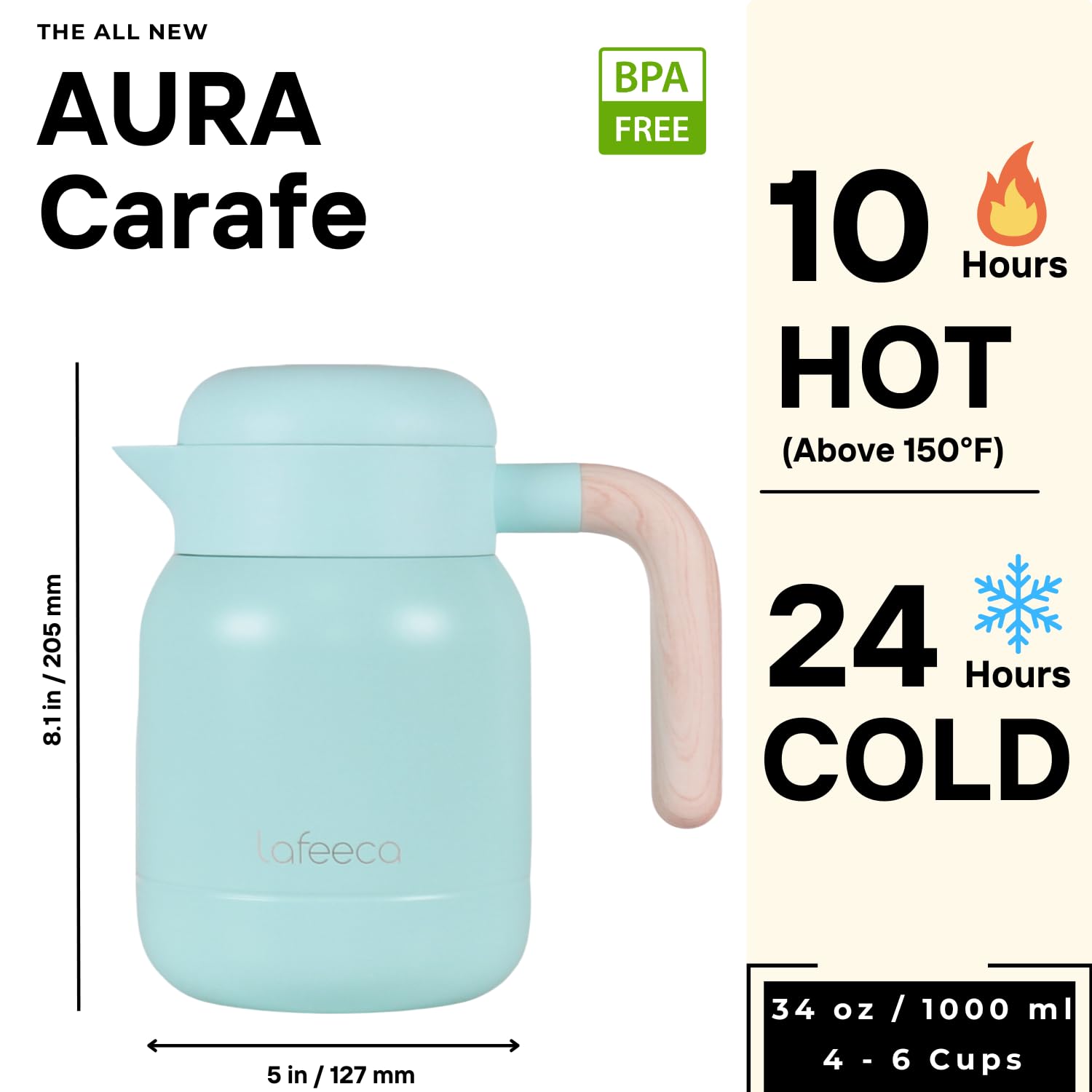 Aura - Jarra térmica de café para mantener el calor y el frío helado, aislada al vacío, jarra de agua termo, dispensador de bebidas, mango y tapa de tacto frío, sin BPA, 1 litro, color azul