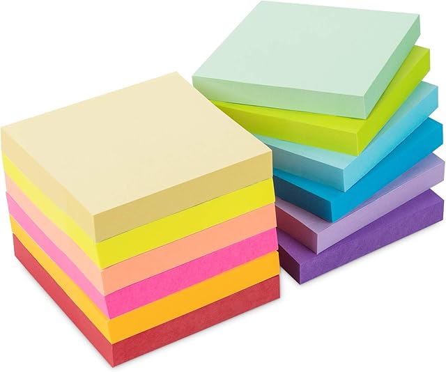 12 Sticky Note Pads, 76 x 76 mm Memo - 12 Assorted Colored Notes with Strong Adhesion for Home School Office, 1200 Sheets Notepads
