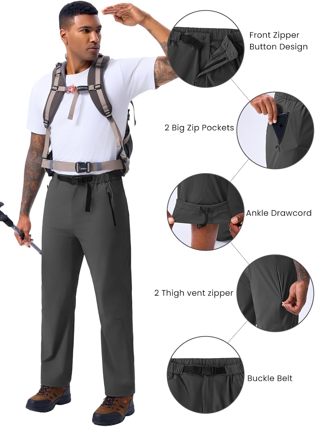 Auxo Hiking Pants Men Lightweight Quick Dry Waterproof Pants with Zipper Pockets & Buckle Belt for Outdoor Work Travel