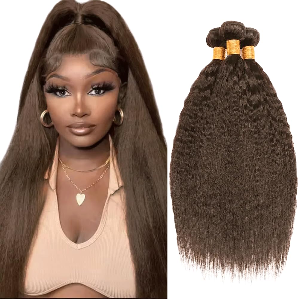 Color 4 Bundle Dark Brown Yaki Straight Human Hair Bundles Brazilian Chocolate Brown Virgin Hair 3 Bundles 30 30 30 Inch Color 4 Kinky Straight Bundle