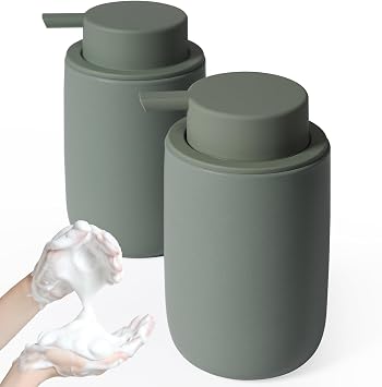 INGOFIN Ceramic Foaming Soap Dispenser Set, 2 Pack 12 oz Bathroom Foam Hand Soap Dispenser with Pump, Hand and Dish Dispenser Set with 8 Pcs Clear Stickers,for Kitchen- Matte Green
