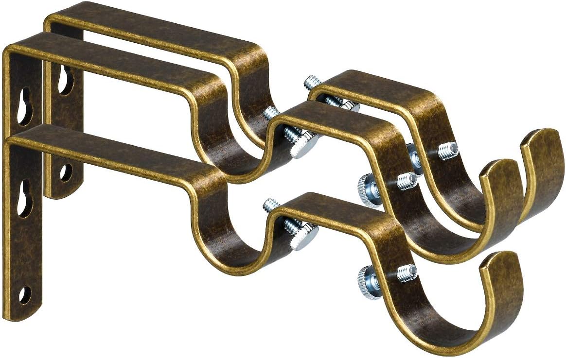 Double Curtain Rod Hanging Brackets Havy duty 3Pcs-Antique Brass