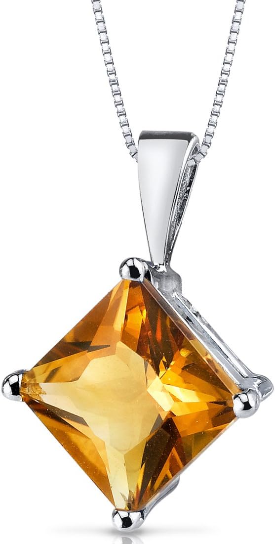 PEORA Solid 14K White Gold Citrine Pendant for Women, Genuine Gemstone Classic Solitaire, Princess Cut, 8mm, 2.25 Carats total, November Birthstone Citrine Necklace, Real Citrine Necklace