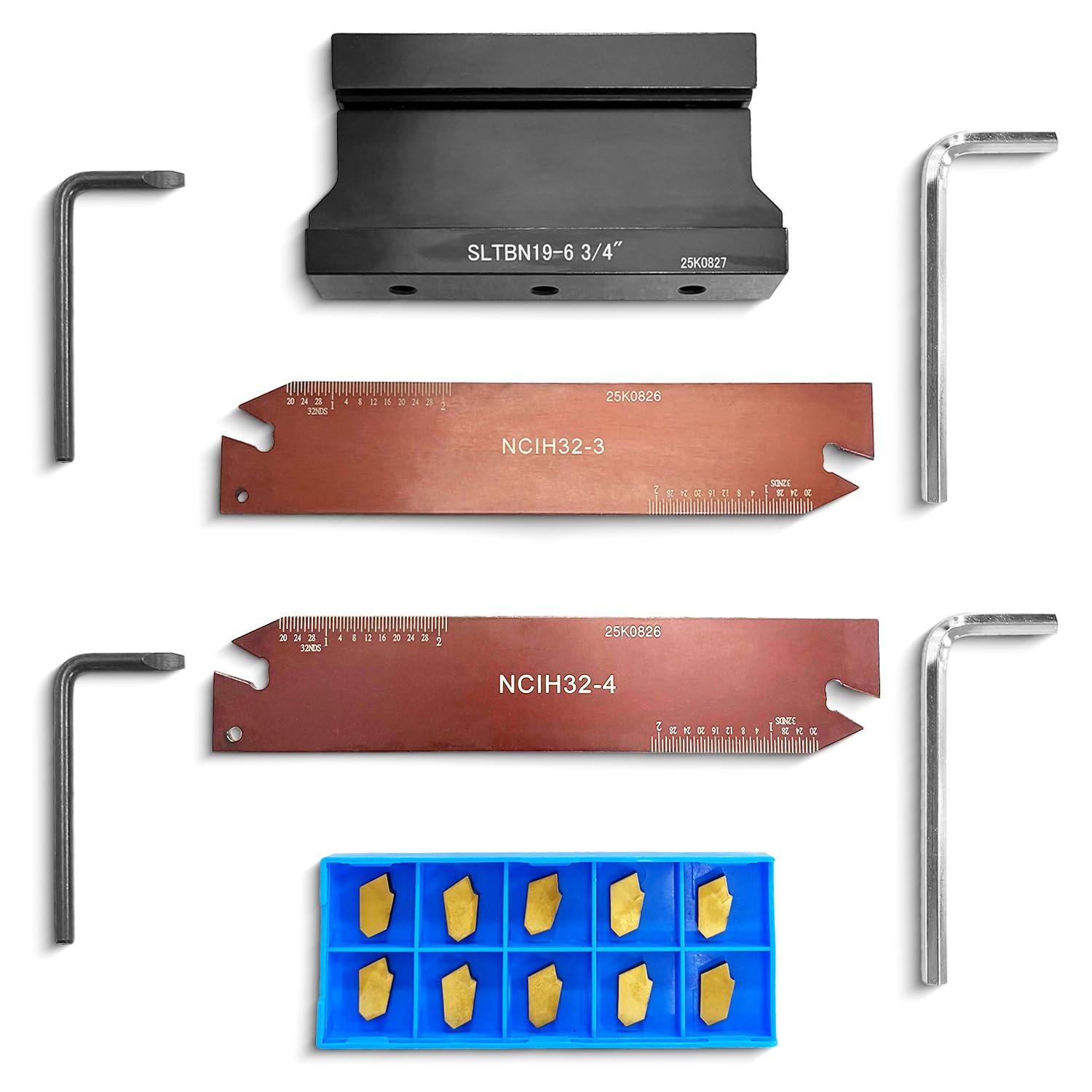 3/4" Self-Lock Block SLTBN19-6 with 5 PCS GTN-3 Inserts, 5 PCS GTN-4 Inserts, Adjustable Blade NCIH32-3 and Adjustable Blade NCIH32-4 Parting Grooving Cut-Off Tool Set