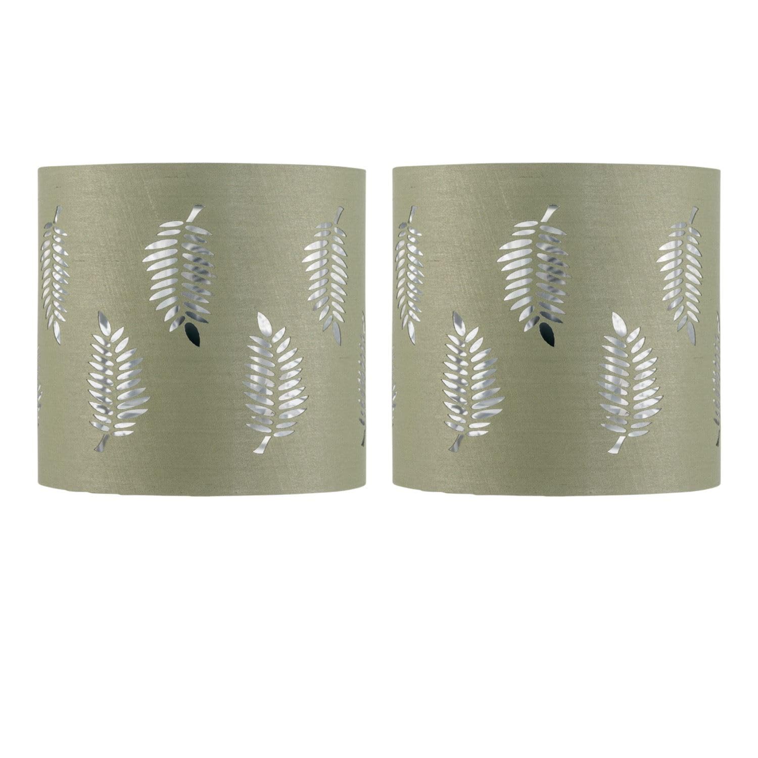 Firstchoicelighting Sage Green Set Of 2 Table Lamp Shades, Lampshades For Table Lamp Or Bedside Light, Fern Leaf Cut Out Design, Diameter 15Cm