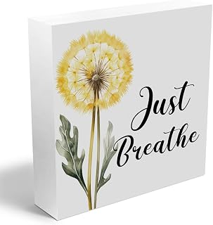 Secret Santa Gifts Just Breathe Decorative Wooden Box Sign, dandelion Inspirational Quotes Deco Rustic Farmhouse Home Office Shelf Table Decorations Wood Block Plaque