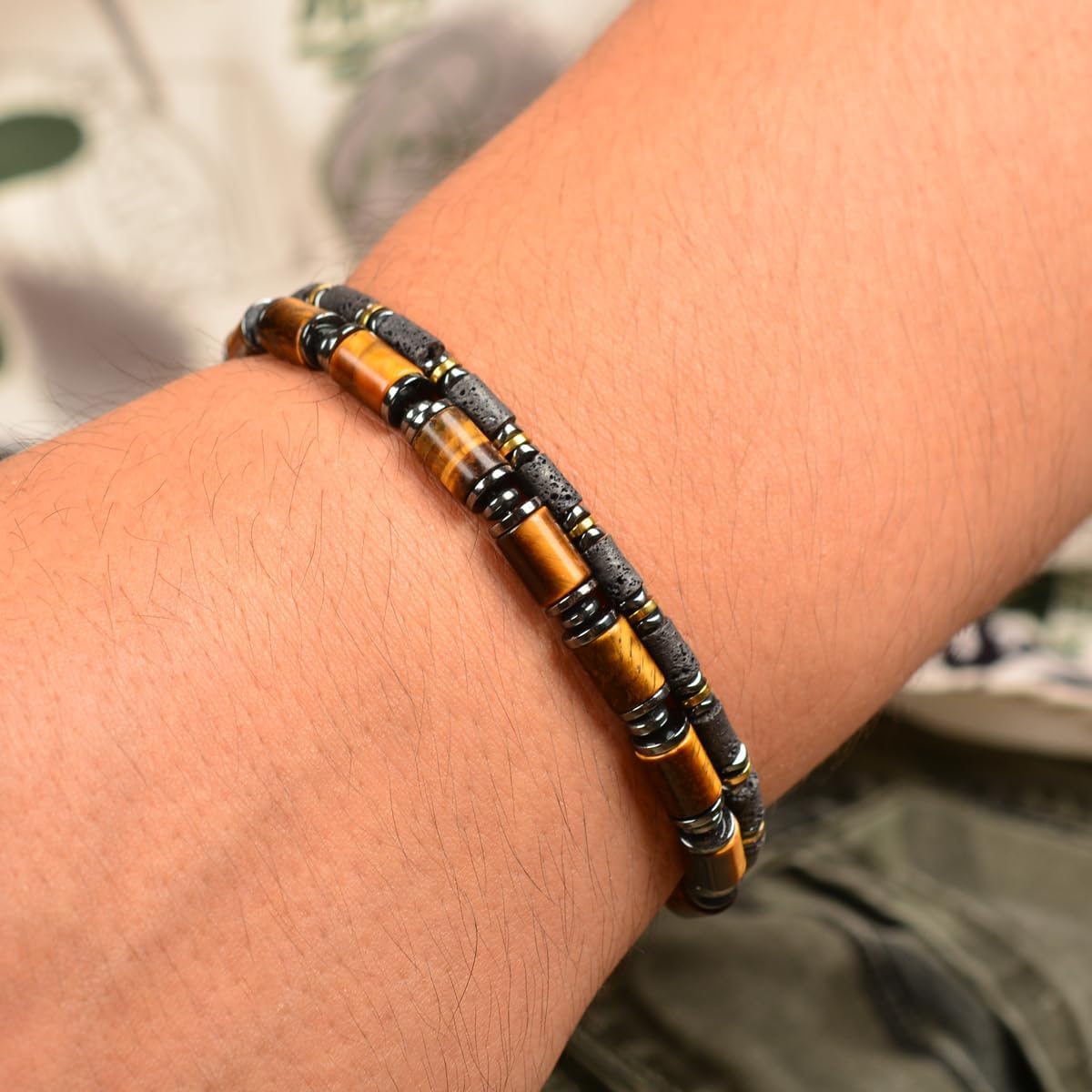 Handmade Tiger's Eye Hematite Bracelet for Men, Adjustable Stainless Steel Dual Clasp, Secure One-Handed Wear, Fierceness & Resilience Symbolism, Ideal Gift for Dad, Husband, Father's Day, Birthday