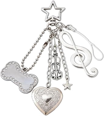 Music Keychain Bag Charms - Cute Guitar Heart Locket Purse Charm Y2K Key Chain Bags Accessories Women Birthday Gifts