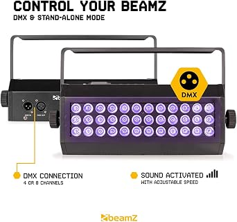 BeamZ Flood36UV LED UV Blacklight, DJ Black Light with 36x 3W LEDs, DMX Controlled Lighting, Sound Activated Mode, Strobe Effect for Stage and Party Events