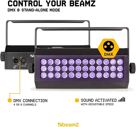 BeamZ Flood36UV LED UV Blacklight, DJ Black Light with 36x 3W LEDs, DMX Controlled Lighting, Sound Activated Mode, Strobe Effect for Stage and Party Events