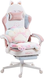 Dowinx Gaming Stuhl Ergonomisch mit Fußstütze, Katzenpfoten Gaming Chair aus Stoff, Flügelloses Sitzdesign, Verstellbarer Gamer Stuhl & PC Stuhl, Gaming Stuhl pink Katze, für Erwachsene,Farbe Weiß