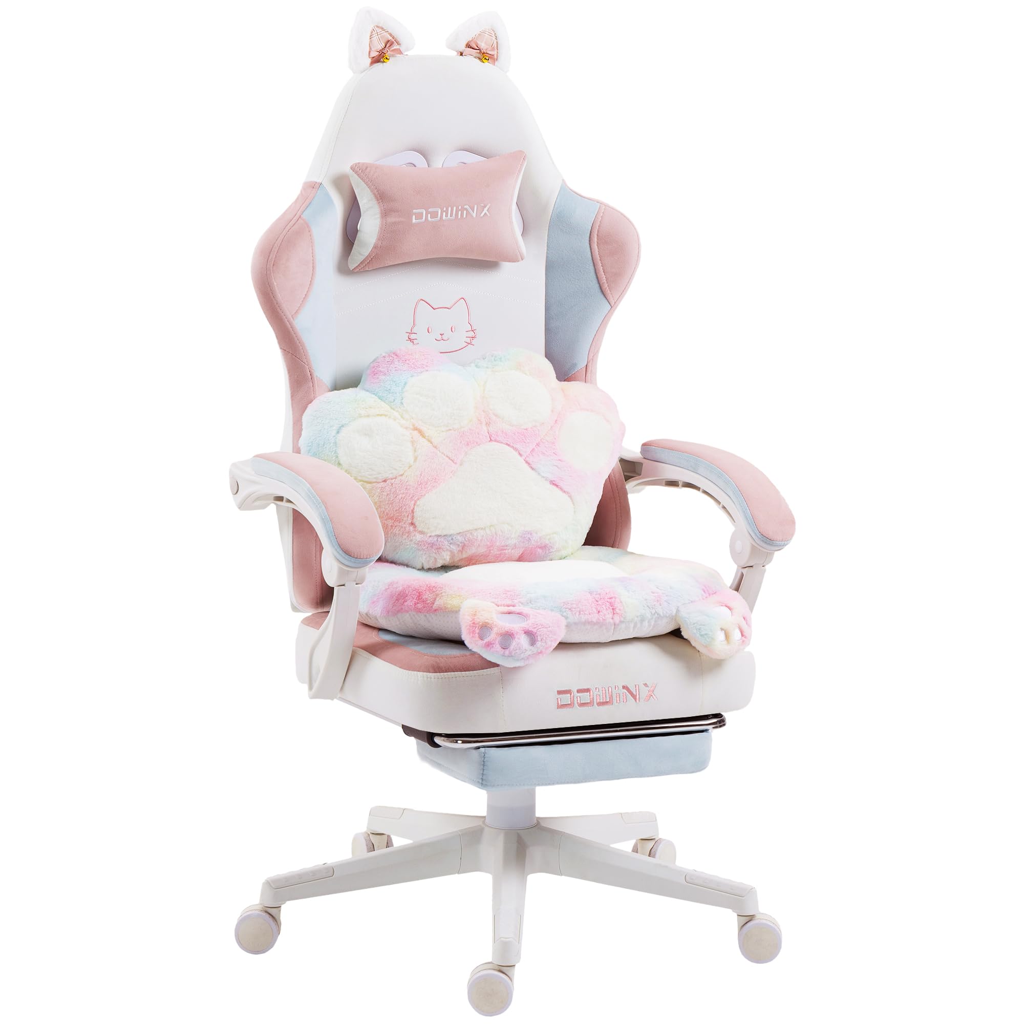 Dowinx Gaming Stuhl Ergonomisch mit Fußstütze, Katzenpfoten Gaming Chair aus Stoff, Flügelloses Sitzdesign, Verstellbarer Gamer Stuhl & PC Stuhl, Gaming Stuhl pink Katze, für Erwachsene,Farbe Weiß