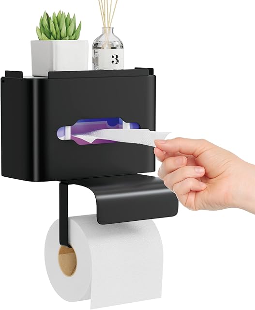 Toilet Roll Holder with Shelf - Black Toilet Roll Holder with Storage for Wet Wipes, Toilet Roll Holder Wall Mounted with 2 Installation Ways, Flushable Wipes Dispenser Fits Any Bathroom
