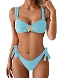 Eomenie Women's Bikini Sets Two Piece Metal Swimsuits V Neck Lace Up Bathing Suits Sexy Wide Strap Tie Back Swimwear